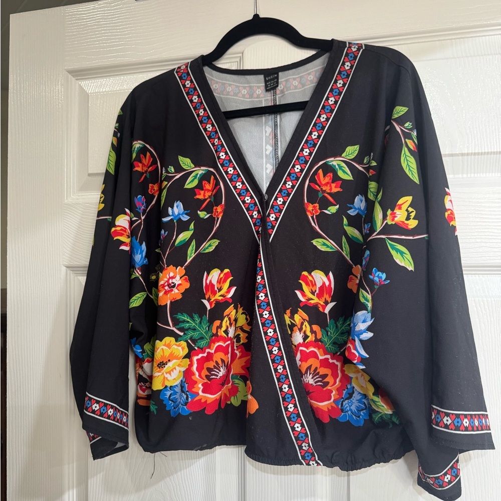 SHEIN Black and Red Graphic Wrap Blouse